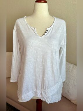 fresh produce White V-Neck Long Sleeve Top with Button Detail